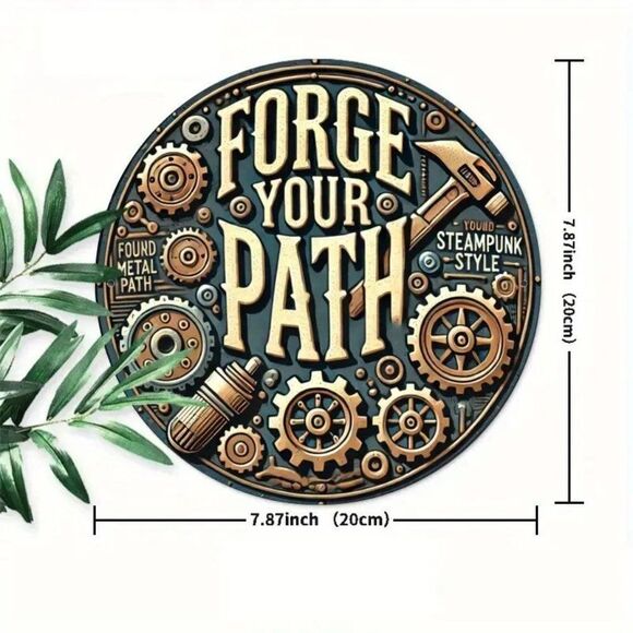 8x8 Inch Round "Forge Your Path" Gear Steampunk Wall Art Metal Sign Wall Decor - Picture 2 of 2